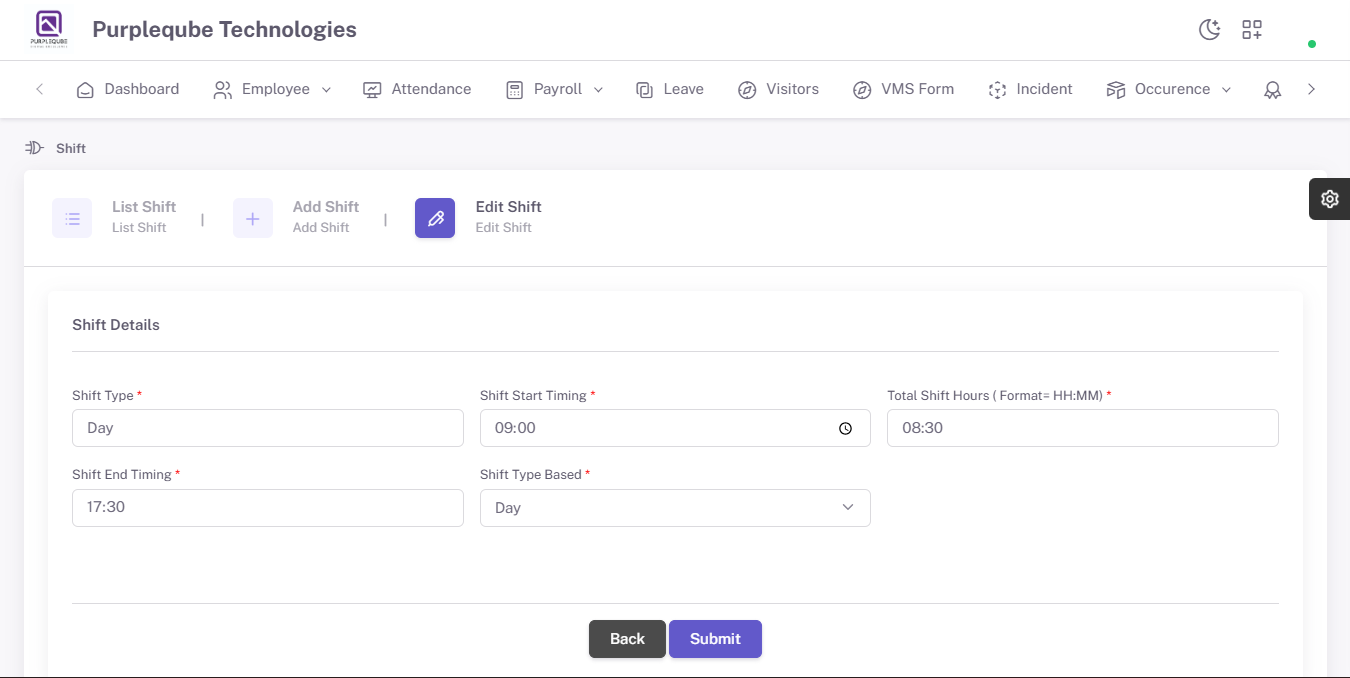 Edit Shift form with pre-filled shift details